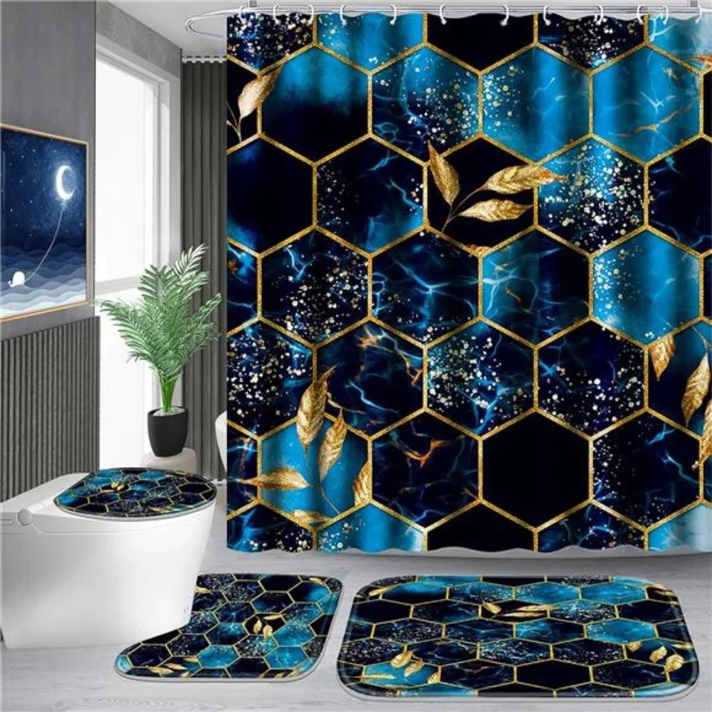 4 Pcs Bathroom Shower Curtain Set,Bathroom Sets with Rugs (Bath Mat,U Shape)